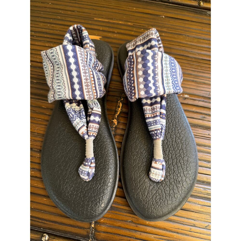 NEW Sanuk Women's Yoga Sling 2 Blue Print Flip Flop Sandals Size 7 Granola NWOB